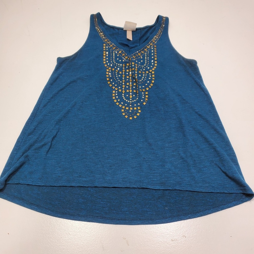 Knox Rose Women Tank Top Medium Teal Gold Embellished Boho V Neck Lightweight